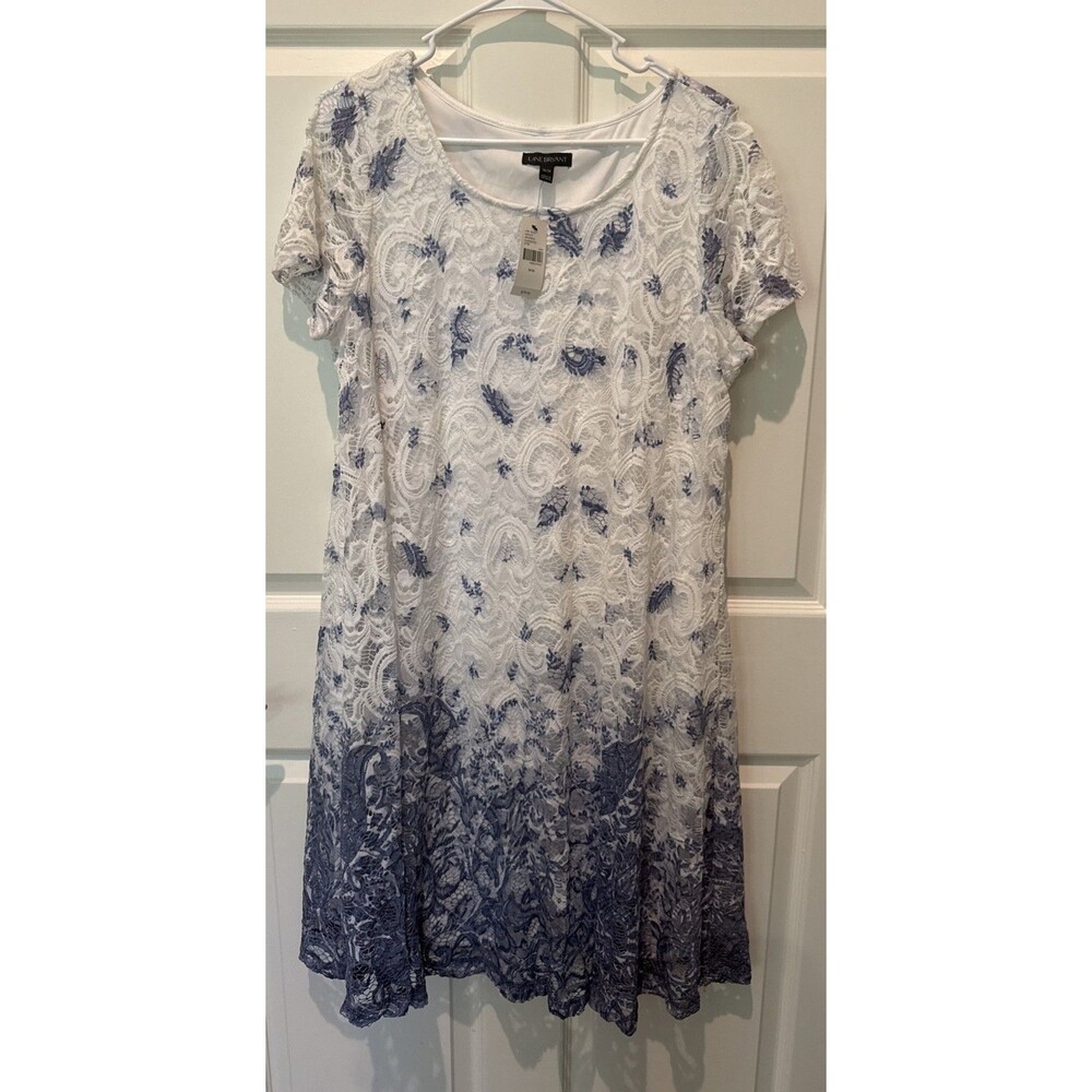 Lane Bryant Lace Shift Dress White Blue Ombre Dip Dye Short Sleeve Floral 14/16